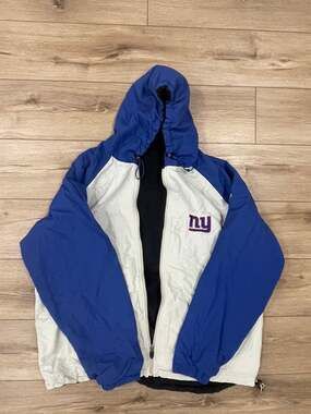 New York Giants Mens Jacket Large Blue Black Full 2-way Zip Hooded Winter Reebok